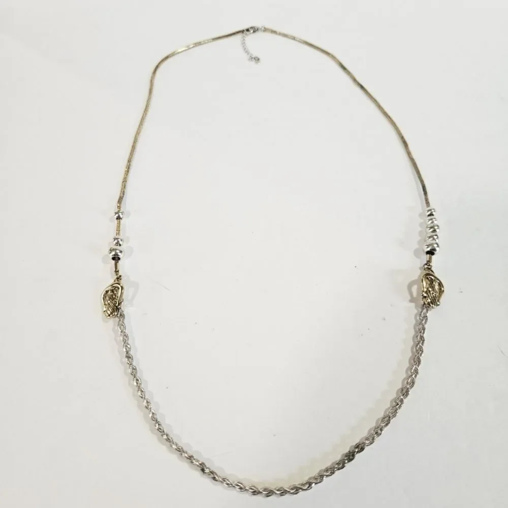 Vintage Etienne Aigner Buckle Detail Long Silver Gold Tone Statement Necklace